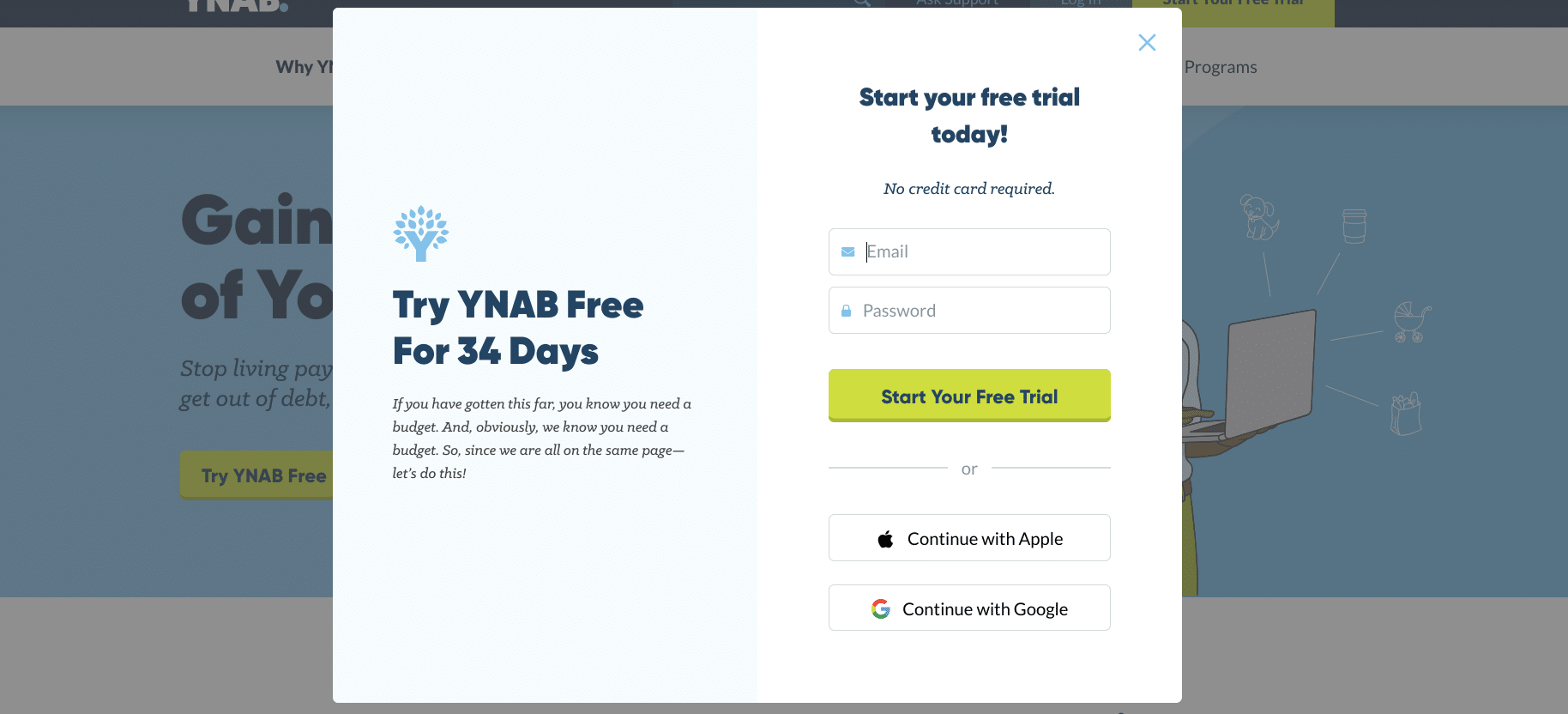 YNAB account opening process